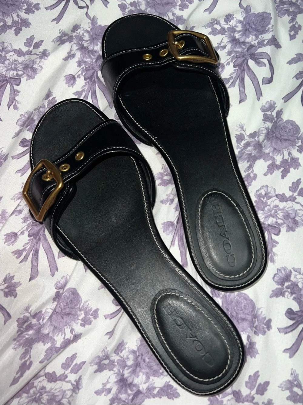 COACH Black Leather Slide Sandals with Gold Buckle Accent